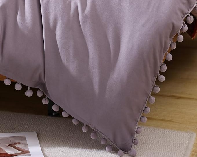 Cotton Bedding Set Pompom Purple Duvet Cover Sets Boho Duvet Cover Soft Solid Comforter Cover King Linen Duvet Cover Sets For Bedroom
