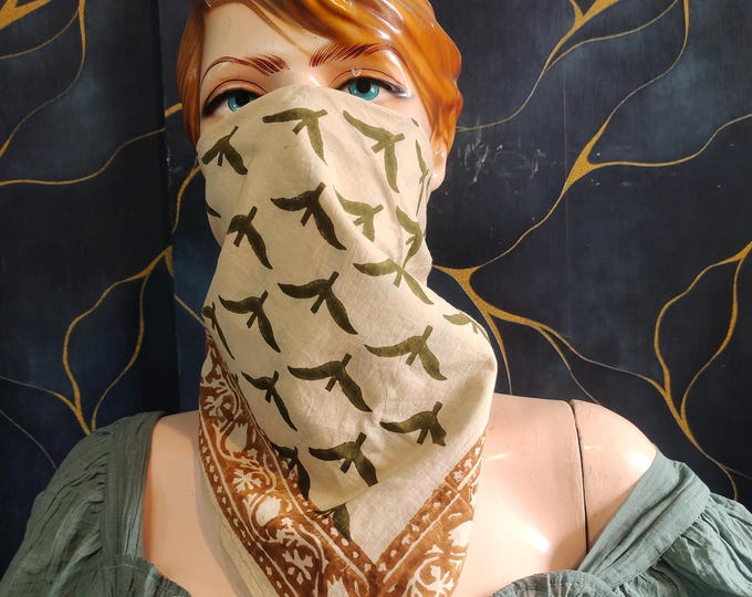 Hand Block Printed Organic Cotton Bandana: Cream & Green Color Flying Bird Print Scarf Paisley Cotton Bandana Hand Block Printed