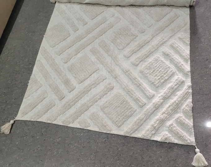Natural Cotton Sofa Cover Handmade Ivory Boho Throw Blanket Tufted Geometric Design Modern Traditional Bedding Accent in 50x60 inches"