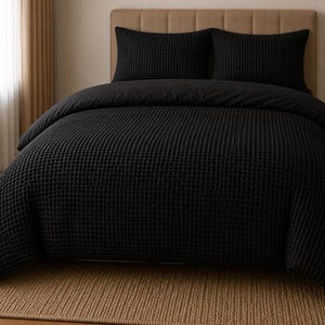Conjunto de capa de edredom em algodão waffle preto, conjunto de cama com textura quadriculada, capa de edredom minimalista boho, decoração moderna para quarto, conjunto para cama queen/king.