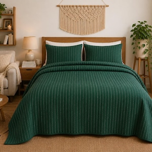 Handgjort bomullsöverkast, smaragdgrönt Kantha-täcke med kuddfodral, handsytt sommarfilt, sängkläder i queen size-storlek, present