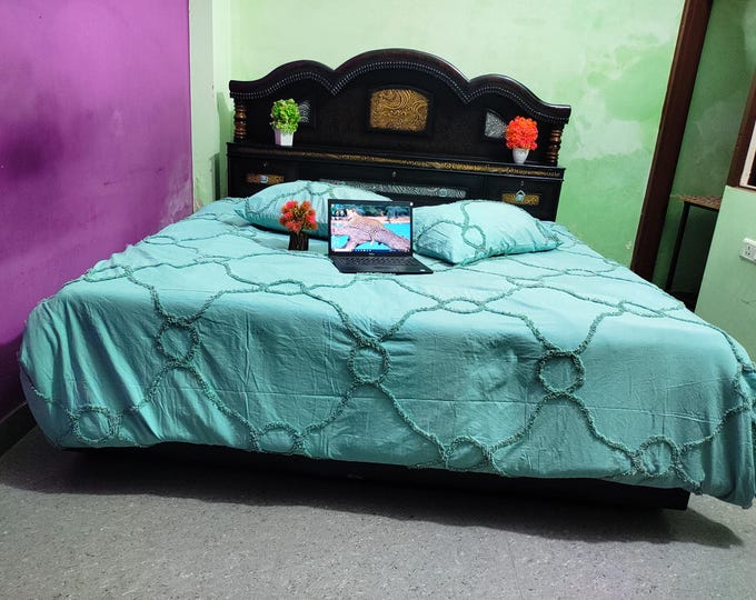 Aqua Blue Cotton Duvet Cover Set with 2 Pillow Cover Soft Tufted Bedding Set with Pillowcases, Girly Bedroom Decor, Boho Chic Bedspread