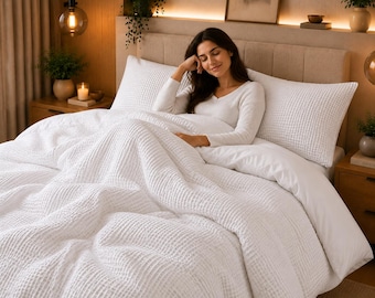 Funda nórdica blanca con textura de gofre: juego de ropa de cama de lujo de algodón turco orgánico, funda nórdica con fundas de almohada, edredón bohemio, tamaño Queen.