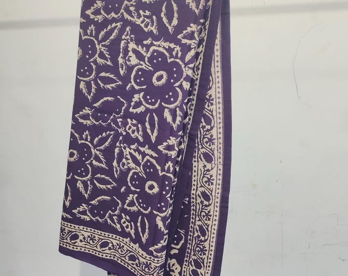 Hand Block Print Cotton Sarong: Purple Floral Beach Cover Up