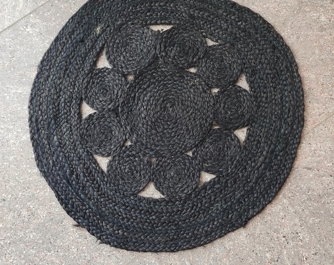 Handmade Jute Round Rug – Natural Black Jute Vintage Minimalist Braided Doormat Eco-Friendly Rustic Floor Mat, Carpet For Entryway
