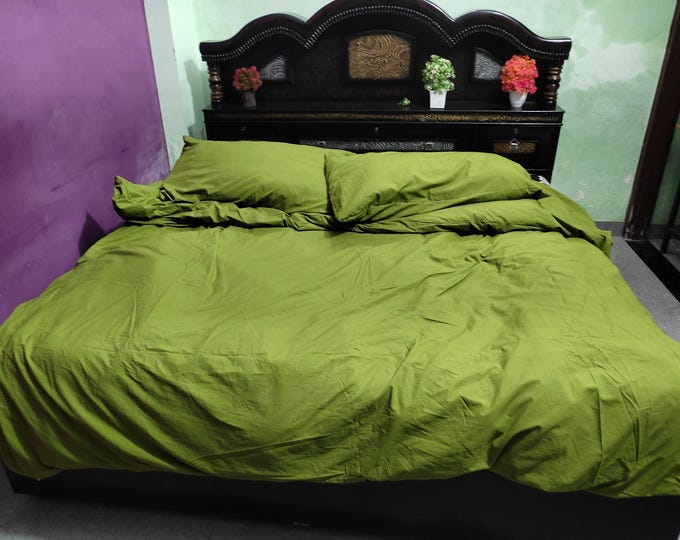 Green Cotton Duvet Cover Set with Pillowcases Solid Color Bedding Set, Soft Bedspread, Minimalist Bedroom Decor King Dona Cover Sets