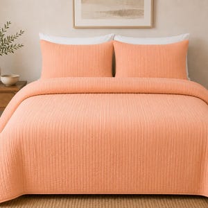 Juego de ropa de cama con edredón Kantha color melocotón / Colcha de algodón hecha a mano / Edredón ligero de verano / Edredón suave reversible / Decoración de dormitorio estilo rústico