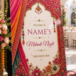 May include: A rectangular welcome sign for a Mehndi Night on a wooden easel. The sign features a cream center with the text "WELCOME TO NAME'S Mehndi Night 23RD AUGUST 2026" surrounded by a vibrant pink, orange, and teal floral and fabric border.