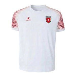 May include: A white short-sleeve crew neck t-shirt featuring red patterned sleeves with a gradient diamond design. The chest displays a red Kelme logo on the right and a Jordan national crest with the text JORDAN on the left side of the shirt.