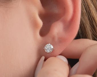 14K Gold Moissanite Diamond Stud Earrings, Round Cut, Handmade