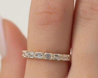 Emerald Cut East West Diamond Eternity Ring – U Prong Setting Wedding Band, Handmade Fine Jewelry