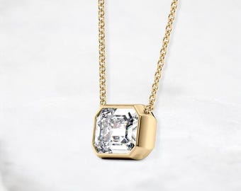 1CT Emerald Cut Moissanite Bezel Pendant | 14K Solid Yellow Gold Solitaire Necklace