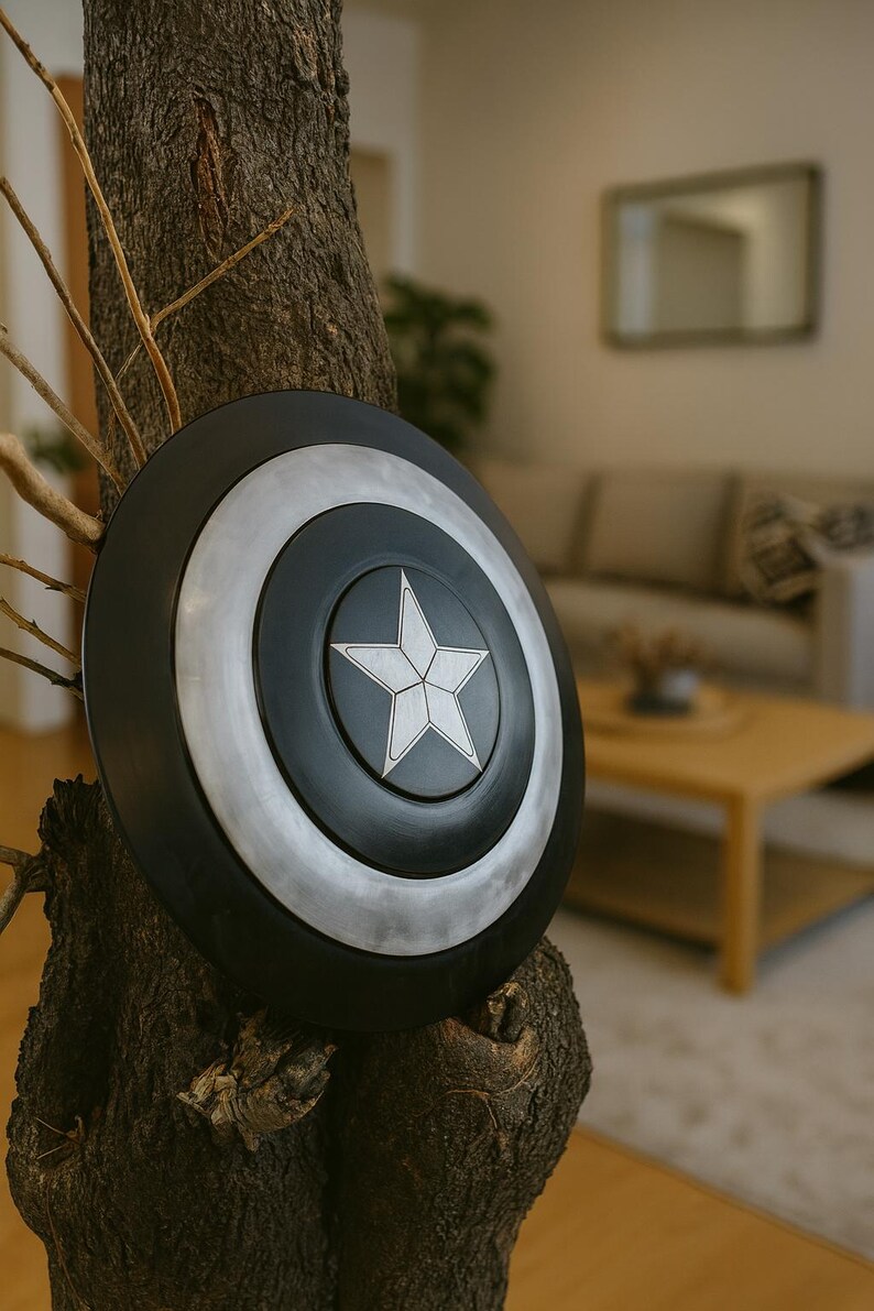 May include: A black, silver, and white shield with a central star design, mounted on a tree trunk. The shield has concentric circles in black and silver, with a white star in the center. The shield is a prop or decorative item.