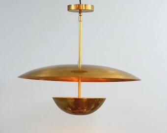 Mid Century Brass Disc Pendant Light Stilnovo Inspired Modern Italian Fixture Double Plate Chandelier Warm Ambient Dining Decor