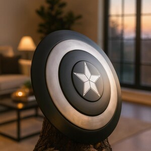 May include: A black, silver, and white shield with a star emblem. The shield is round with concentric circles of black and silver. A white star is centered on the shield. The shield is displayed on a tree trunk.
