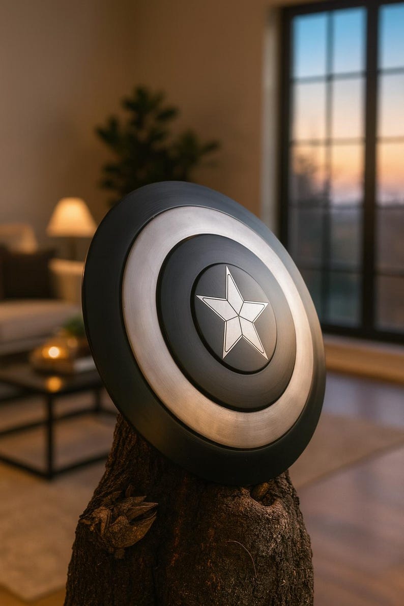 May include: A black, silver, and white shield with a star emblem. The shield is round with concentric circles of black and silver. A white star is centered on the shield. The shield is displayed on a tree trunk.