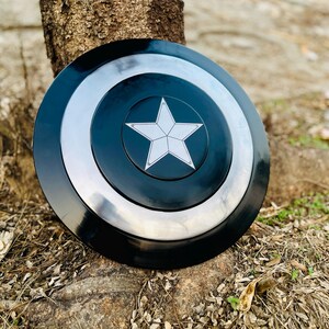 May include: A black, silver, and white shield with a five-pointed star in the center. The shield is round with concentric circles of black, silver, and black. The star is white and outlined in silver. The shield is resting on a tree trunk.