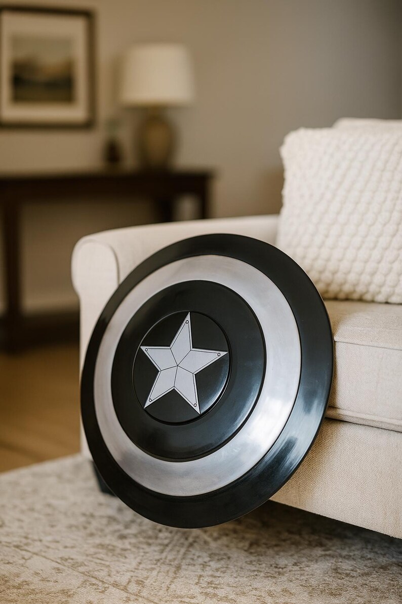 May include: A black, silver, and white shield with a star emblem. The shield is round with a black outer ring, a silver middle ring, and a black center with a white star. The shield is leaning against a beige couch.
