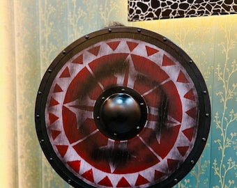 Viking Round Shield Red Star Norse Warrior Decor Medieval LARP Cosplay Armor Battle Prop Handcrafted Wooden Shield Wall Display Gift