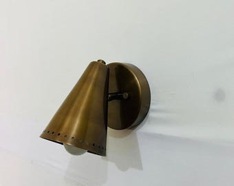 Mid Century Brass Cone Wall Sconce, Perforated Vintage Wall Lamp, Minimalist Bedroom Lighting Fixture