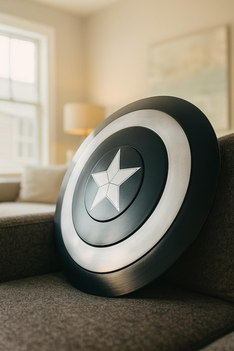 May include: A black, silver, and white shield with a central white star design. The shield has a circular shape with a silver ring around the center. The shield is leaning against a gray sofa.