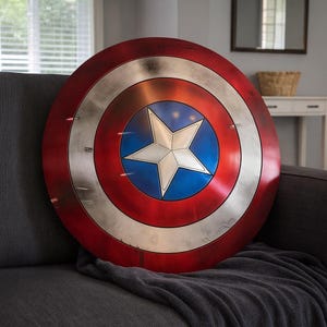 May include: A round shield with a red, white, and blue color scheme, featuring a white star in the center. The shield has a metallic silver ring and is resting on a gray surface. The shield is a replica of Captain America's shield.