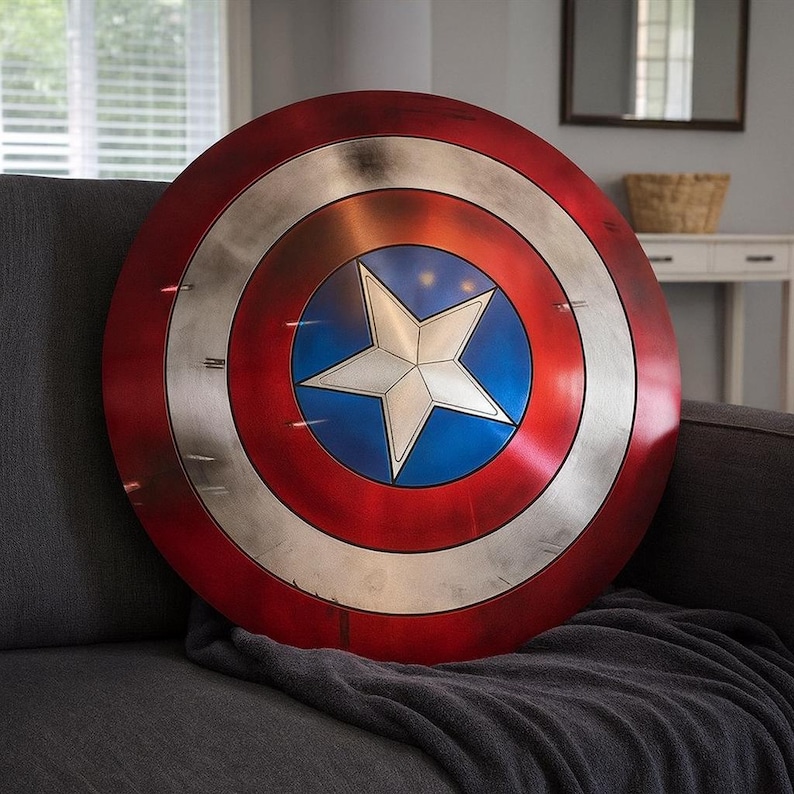 May include: A round shield with a red, white, and blue color scheme, featuring a white star in the center. The shield has a metallic silver ring and is resting on a gray surface. The shield is a replica of Captain America's shield.
