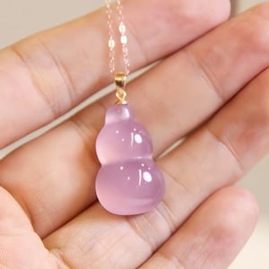 Natural Pink Agate Gourd Pendant, Gold Plated Copper Lucky Charm, Healing Crystal Jewelry, Gift for Her/Him