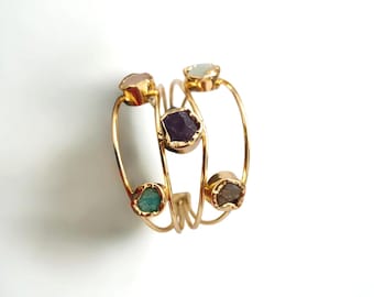 Raw Gemstone Cuff Bracelet: Handmade Brass Boho Bangle