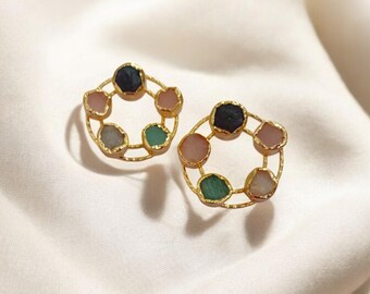 Gold Circle Brass Earrings | Colorful Gemstone Boho Studs