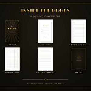 May include: A 64-page ledger book titled THE BOOKS, featuring a black cover with gold sunburst rays. Interior pages include an IF FOUND section, an A-Z index of accounts, 55 ledger folios, and a notes page. The back cover is black with gold text.