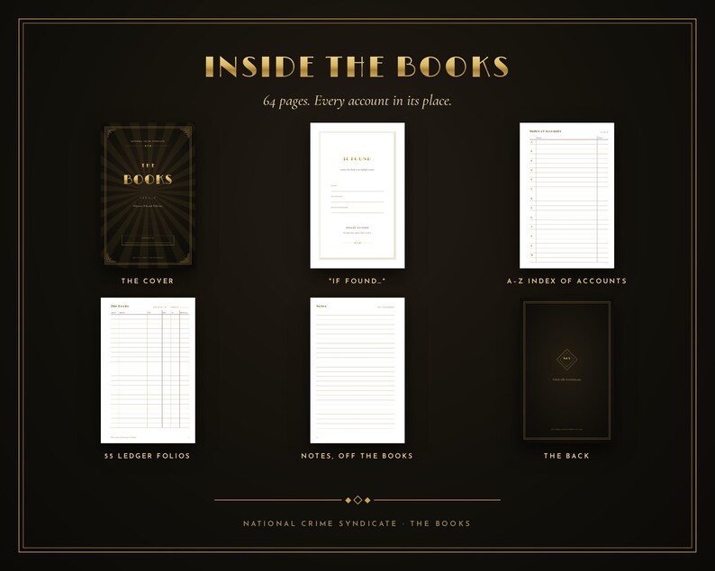 May include: A 64-page ledger book titled THE BOOKS, featuring a black cover with gold sunburst rays. Interior pages include an IF FOUND section, an A-Z index of accounts, 55 ledger folios, and a notes page. The back cover is black with gold text.