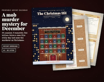 Könnte beinhalten: Ein druckbarer Adventskalender mit dem Titel The Christmas Hit, der eine nächtliche Stadtkulisse mit einem Backsteingebäude und 24 nummerierten Fenstern zeigt. Das Set enthält Aktenunterlagen mit Text, Rätseln und Hinweisen für ein Krimispiel.