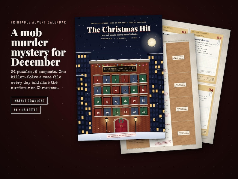 K&ouml;nnte beinhalten: Ein druckbarer Adventskalender mit dem Titel The Christmas Hit, der eine n&auml;chtliche Stadtkulisse mit einem Backsteingeb&auml;ude und 24 nummerierten Fenstern zeigt. Das Set enth&auml;lt Aktenunterlagen mit Text, R&auml;tseln und Hinweisen f&uuml;r ein Krimispiel.