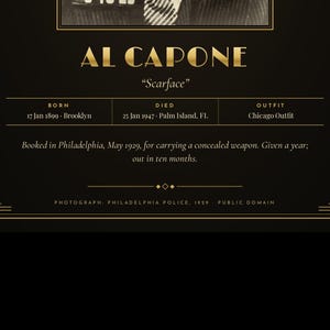 Op de afbeelding: Een zwarte poster met een sepia-kleurige foto van Al Capone, bijgenaamd Scarface. De tekst bevat geboorte- en sterfdata, locaties en de Chicago Outfit. Het vermeldt zijn arrestatie in Philadelphia in 1929 voor het dragen van een verborgen wapen.