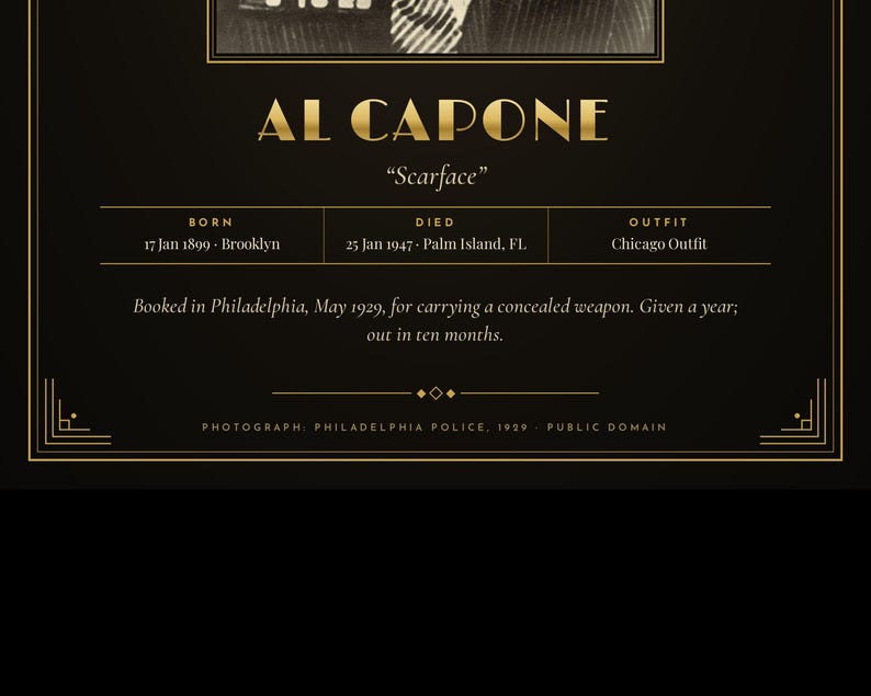 Op de afbeelding: Een zwarte poster met een sepia-kleurige foto van Al Capone, bijgenaamd Scarface. De tekst bevat geboorte- en sterfdata, locaties en de Chicago Outfit. Het vermeldt zijn arrestatie in Philadelphia in 1929 voor het dragen van een verborgen wapen.
