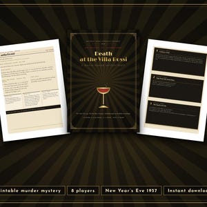 May include: A printable murder mystery game titled Death at the Villa Rossi, featuring a central game cover with a cocktail glass graphic, flanked by two informational game sheets with text, all set against a dark brown sunburst background.