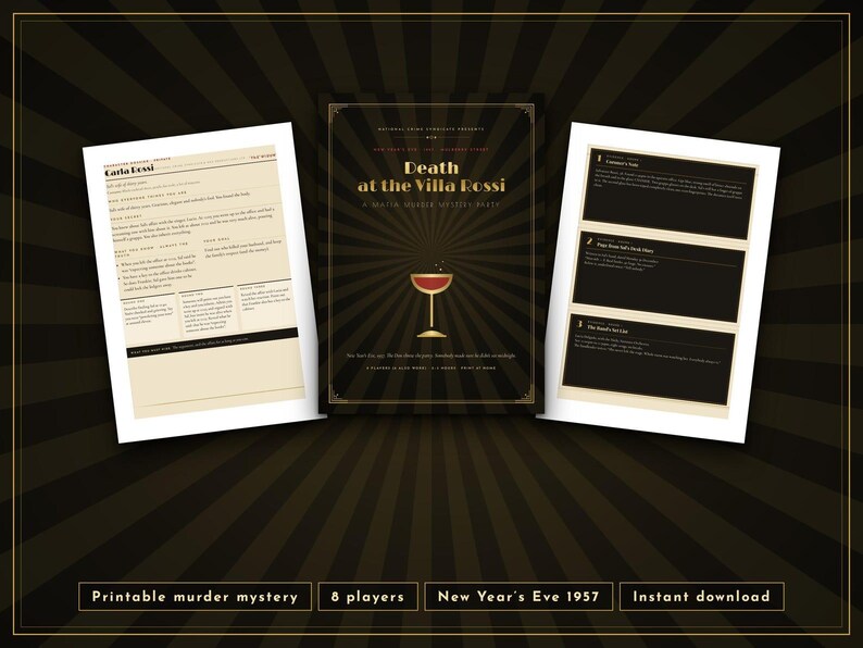 May include: A printable murder mystery game titled Death at the Villa Rossi, featuring a central game cover with a cocktail glass graphic, flanked by two informational game sheets with text, all set against a dark brown sunburst background.