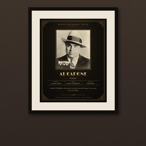 Op de afbeelding: Een ingelijste zwart-wit print van een politiefoto van Al Capone met een fedora, gecentreerd op een donkere achtergrond. De tekst bevat zijn naam, bijnaam Scarface, geboorte- en sterfgegevens en een beschrijving van zijn arrestatie in 1929.