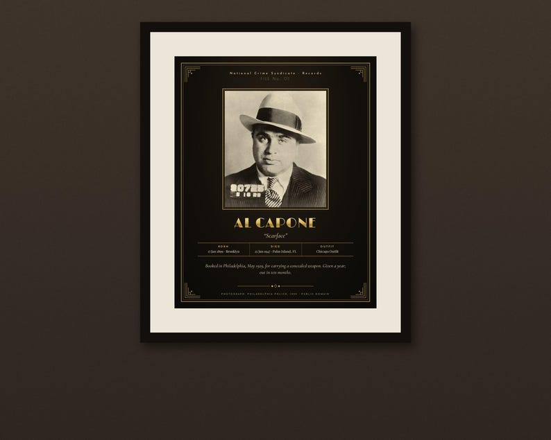 Op de afbeelding: Een ingelijste zwart-wit print van een politiefoto van Al Capone met een fedora, gecentreerd op een donkere achtergrond. De tekst bevat zijn naam, bijnaam Scarface, geboorte- en sterfgegevens en een beschrijving van zijn arrestatie in 1929.