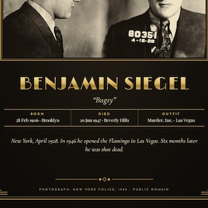 Op de afbeelding: Een zwart-gouden poster met een mugshot van Benjamin Siegel, bekend als Bugsy. De tekst bevat geboorte- en sterfdata, locaties en een korte biografie. Het ontwerp bevat een rand en de vermelding: Photograph: New York Police, 1928.