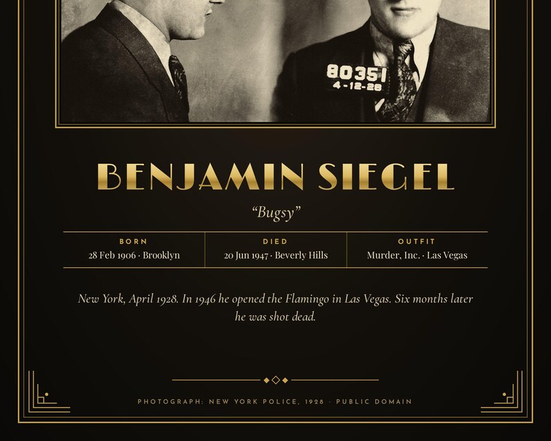 Op de afbeelding: Een zwart-gouden poster met een mugshot van Benjamin Siegel, bekend als Bugsy. De tekst bevat geboorte- en sterfdata, locaties en een korte biografie. Het ontwerp bevat een rand en de vermelding: Photograph: New York Police, 1928.