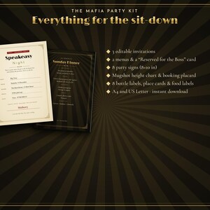 May include: A Mafia Party Kit featuring a cream-colored Speakeasy Night invitation and a black Sunday Dinner menu. The kit includes 3 editable invitations, 2 menus, a Reserved for the Boss card, 8 party signs, a mugshot chart, and bottle labels.