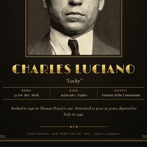 Puede incluir: Un p&oacute;ster negro y dorado con un retrato de Charles Luciano, apodado Lucky. El texto incluye fechas y lugares de nacimiento y muerte, adem&aacute;s de un resumen de su detenci&oacute;n en 1936 en el caso Thomas Dewey y su deportaci&oacute;n a Italia en 1946.