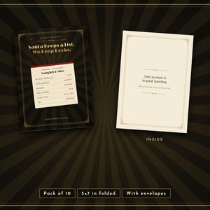 Puede incluir: Un juego de diez tarjetas de felicitaci&oacute;n plegadas de 5x7 pulgadas con sobres. El frente presenta un fondo negro con rayos dorados y el texto 'Santa Keeps a list. We Keep Books.' El interior es de color crema con el texto 'Your account is in good standing.'