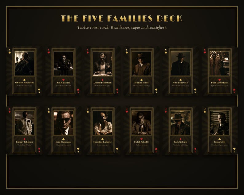 May include: A set of twelve playing cards titled The Five Families Deck, featuring portraits of historical figures in a dark, gold-accented aesthetic. Each card displays a name, a title, and a suit symbol, arranged in two rows against a dark background.