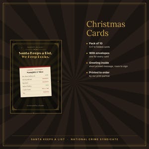 Puede incluir: Un paquete de 10 tarjetas de Navidad de 12,7x17,8 cm con sobres. La tarjeta presenta un fondo oscuro con un gr&aacute;fico de registro titulado Naughty & Nice, con el texto Santa Keeps a List. We Keep Books. Incluye un breve mensaje impreso dentro.
