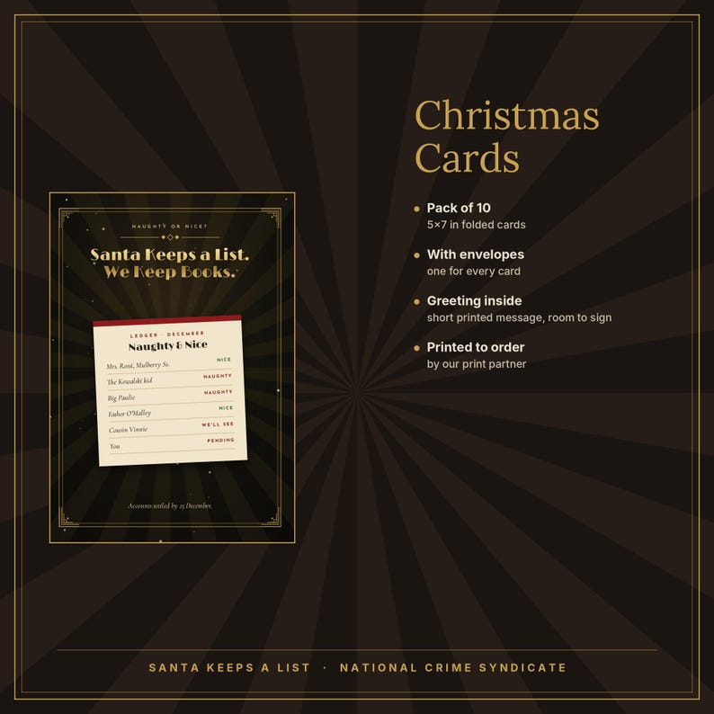 Puede incluir: Un paquete de 10 tarjetas de Navidad de 12,7x17,8 cm con sobres. La tarjeta presenta un fondo oscuro con un gr&aacute;fico de registro titulado Naughty & Nice, con el texto Santa Keeps a List. We Keep Books. Incluye un breve mensaje impreso dentro.