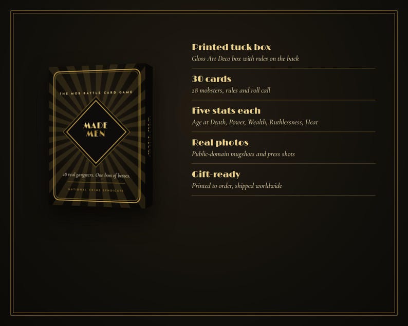 May include: A black and gold card game box titled Made Men with a sunburst design. Text lists features: Printed tuck box, 30 cards with 28 mobsters, five stats including Age at Death, Power, Wealth, Ruthlessness, Heat, real photos, and gift-ready status.