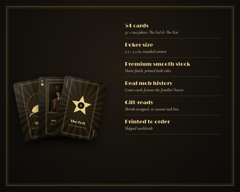 May include: A deck of 54 poker-sized playing cards with rounded corners, measuring 2.5 by 3.5 inches. The cards feature a black and gold design with text including 52 plus two jokers: The Fed & The Rat, Premium smooth stock, and Real mob history.